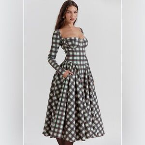 House of CB Eliza Red Tartan Corset Midi Dress NWT